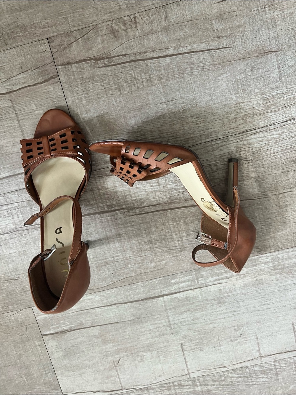 Unisa Tan Brown Perforated Peep-Toe Ankle Strap Heels - Picture 2 of 4